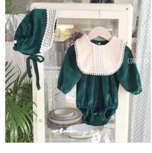 Gorgeous Green Velvet Romper with a hat